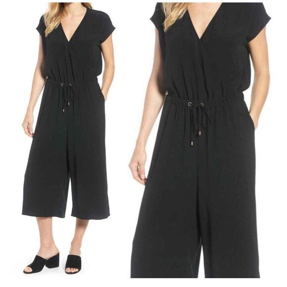 Eileen Fisher NWT Wide Leg Crop Jumpsuit Wrap Size M Black Tencel Drawstring - Picture 1 of 11